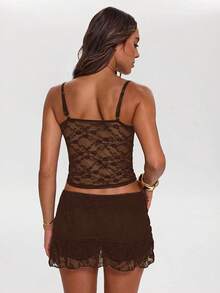SHEIN BAE Women's Cutesy Shades Of Brown Lace A-Line Bowknot Decor Mini Skirt,Summer Night Out Music Festival Party High Street Rave Graduation Outings - Coffee Brown - View 2