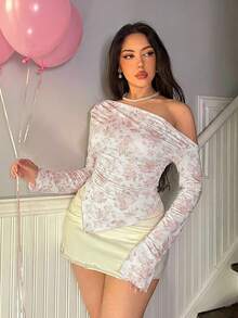 Firerie T-shirt à manches longues pour femmes avec imprimé floral, volants et ourlet asymétrique. Polyvalent et idéal pour le port quotidien. - Kaki - Voir 4