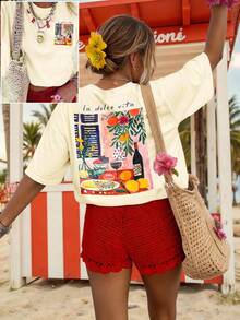 DrmWander 女士印花T恤，休闲街头风短袖T恤，可爱夏季上衣 - 杏色 - 查看 4