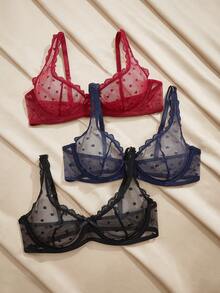Charlaine Women's Lace Heart Print Mesh Patchwork Sexy Sheer Bra - Multicolor - View 1