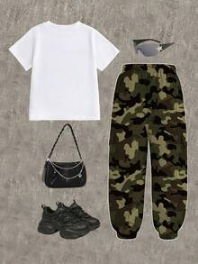2pcs/Set Young Girl Casual Cute Girl Graphic Short Sleeve Round Neck T-Shirt And Cargo Pants, Girls Outfit, Spring/Summer/Autumn, 6 Sets Randomly Sent - Multicolor - View 2