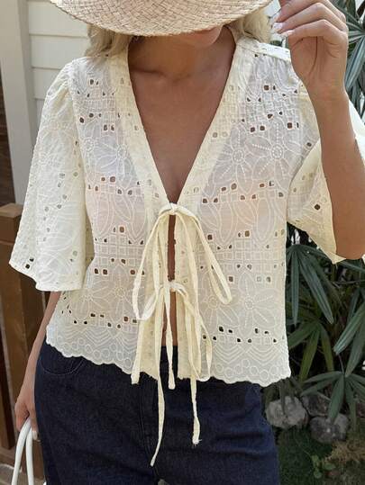 DAZY Women's Solid Color Textured Embroidered Loose Short Flare Sleeve Tie Front Casual Holiday Spring/Summer Blouse