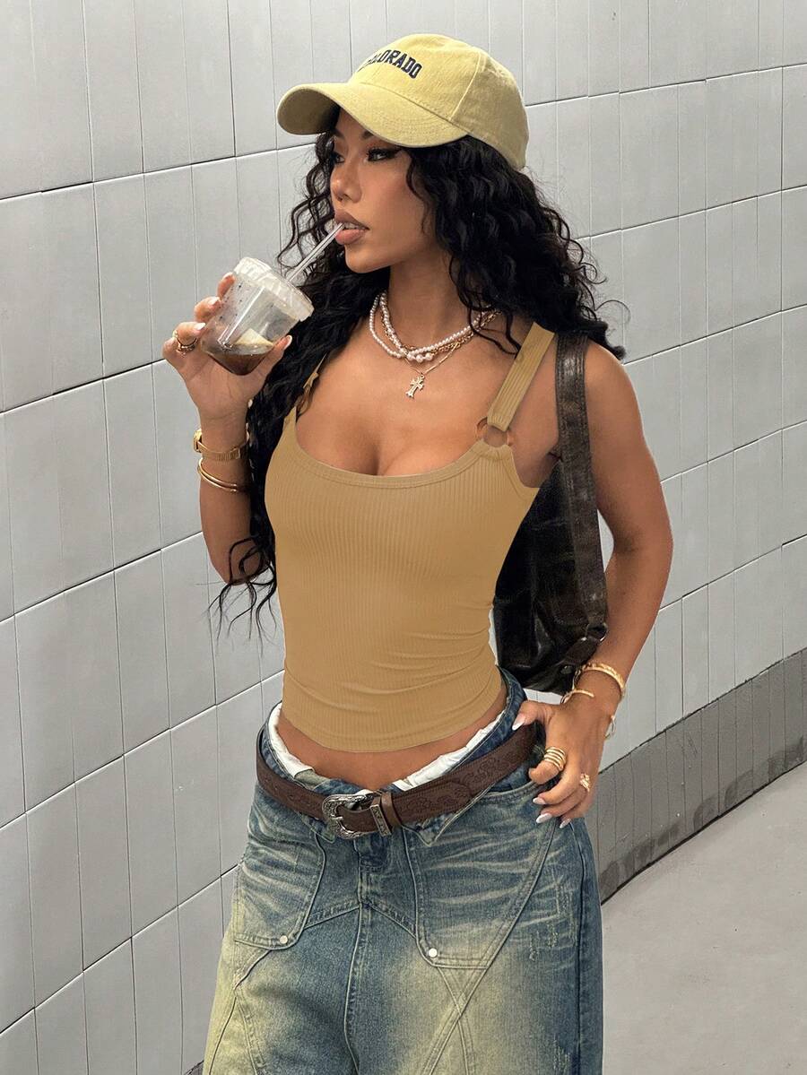 StreetHx 女士春夏罗纹搭扣装饰 Y2K 街头风沙滩度假吊带背心，橄榄绿 - 卡其色 - 查看 1