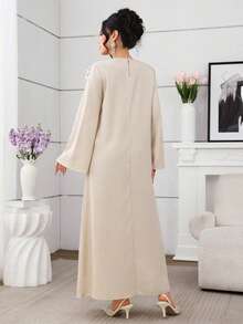 Al Najma Women's Elegant Apricot Long Sleeve Rhinestone Collar Floral Arabic Style Dress, Spring/Summer - Apricot - View 3