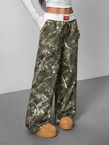 SHEIN PETITE Women's Tree Branch Pattern Wide Leg Casual Pants - Army Green - View 3