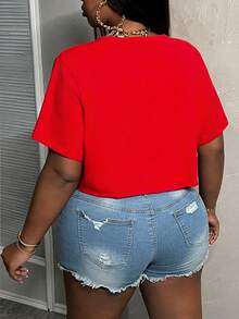 Slaydiva 女士加大码性感时尚镂空印花 T 恤，适合夏季 - 紅色 - 查看 2