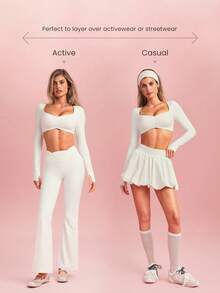 GLOWMODE Valentine's Day FeatherFit™ Heartline Buttery-Soft Sweat-Wicking Stretchy Thumbhole Design Gathered Bust Removable Cups Cropped Long-Sleeve Low Impact Yoga Studio Gym Daily Active Wear - White - View 8