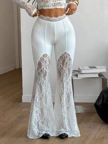 Coolane Women's Spring/Summer Concert Rave Festival Going Out Rave Fair Y2K Luxury Contrast Lace White Petite Bell Bottoms - White - View 2
