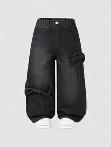 SHEIN Young Girls' Casual All-Match Versatile Cute Bow Pocket Relaxed Straight Leg Washed Jeans, Suitable For Daily Wear - Dark Grey - View 1