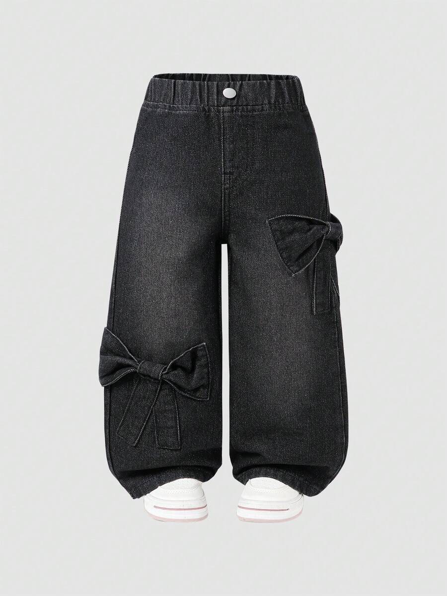 SHEIN Young Girls' Casual All-Match Versatile Cute Bow Pocket Relaxed Straight Leg Washed Jeans, Suitable For Daily Wear - Dark Grey - View 1