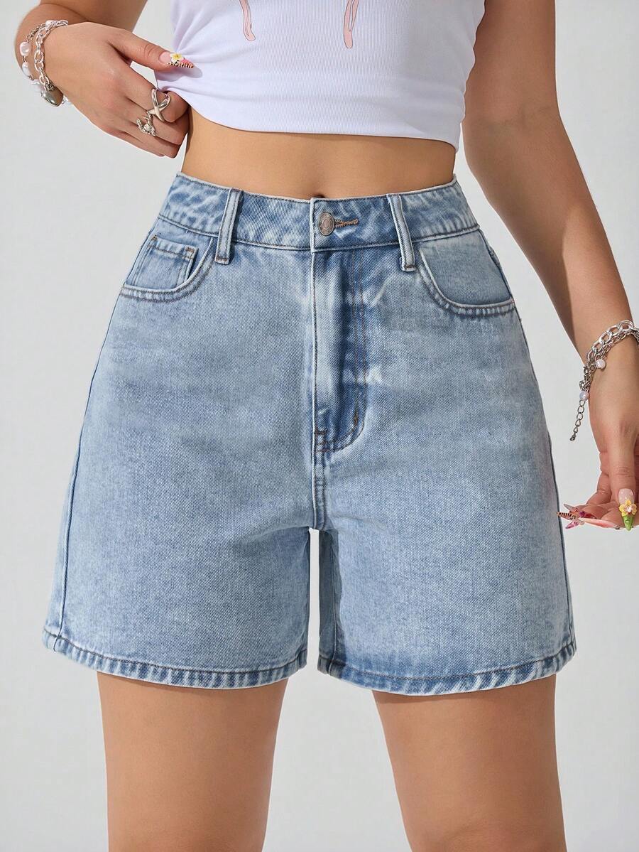 Jeanoix Women's Casual Washed Denim Shorts With Slant Pockets, Summer - Light Wash - View 1