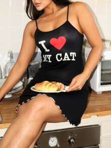 Lowkey Lull Women's Minimalist Printed Camisole Nightgown - Black - View 1