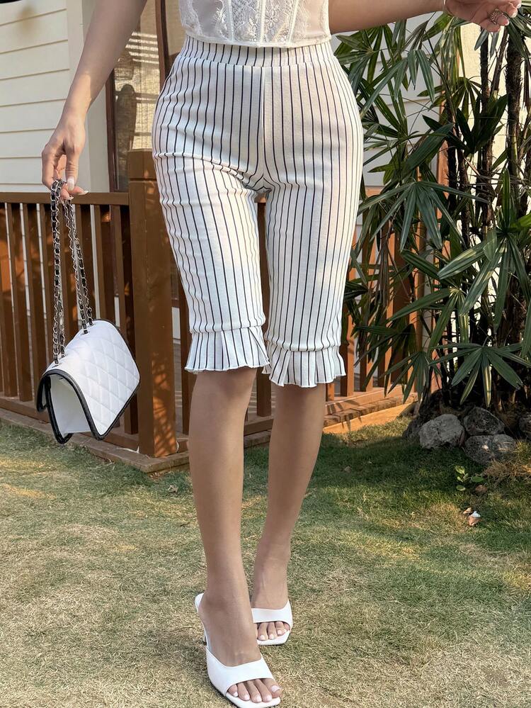 Women's Striped Ruffle Hem Bermuda Shorts, Casual, Elegant For Vacation, Beach, Wedding, Commute, Slim Fit, Spring/Summer Y2k