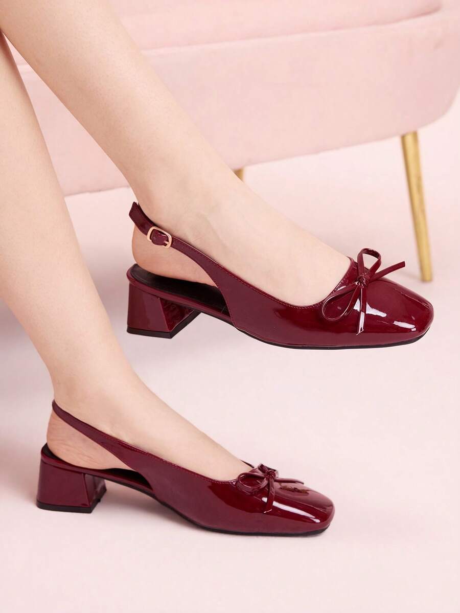 CUCCOO DOLLMOD Women's New Bow Backless Patent Leather Square Toe Chunky High Heel Pumps, Elegant & Fashionable, Wine Red Valentine's Day - Burgundy - View 1
