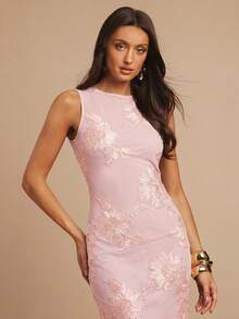 Silquee Đầm ôm sát gợi cảm tối giản họa tiết hoa 3D, không tay. - Màu Hồng  San hô - Xem 6