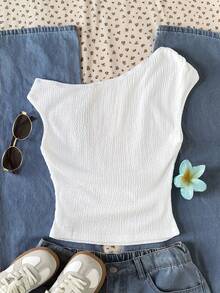 SHEIN Teen Girl Textured Bubble Crinkle Knit Oblique Shoulder Ruched Asymmetrical Shoulder T-Shirt Top - White - View 2