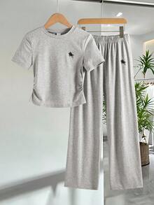 Tween Girl Embroidered Crew Neck Short Sleeve T-Shirt And Elastic Waist Pants Casual Outfit - Grey - View 8