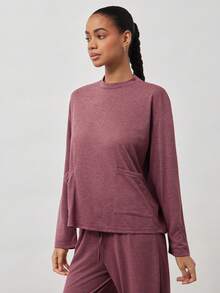 Ocili 棉质柔软竹纤维针织简约舒适长袖长裤抽绳睡衣套装，时尚秋季女士睡衣 - 酒紅色 - 查看 5