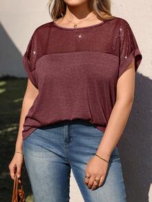 EMERY ROSE Camiseta casual de manga corta de murciélago con cuello redondo y parches de lentejuelas para mujer de talla grande, primavera/verano - Color caoba - Ver 4