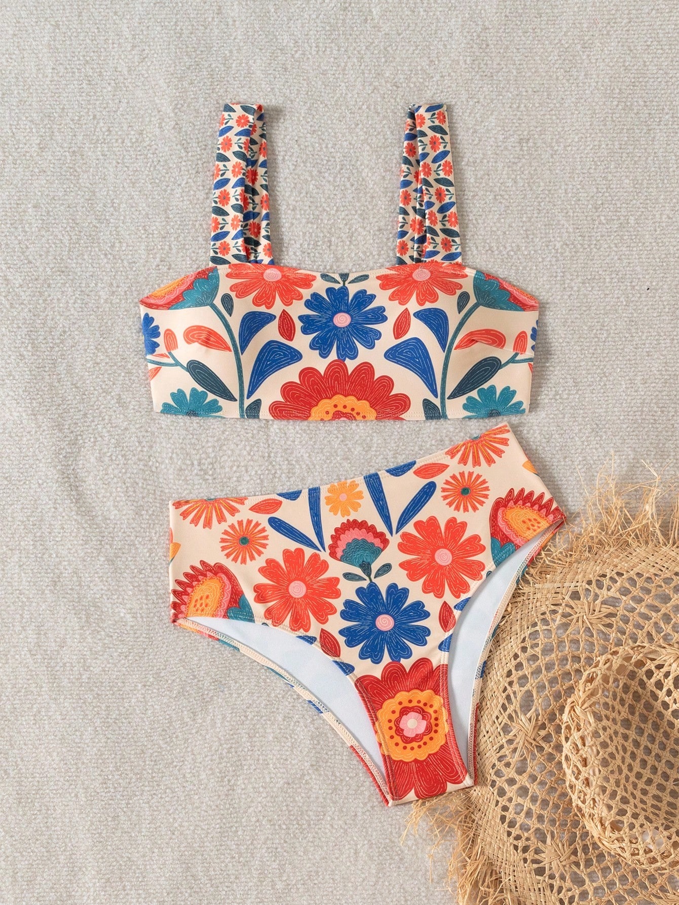 Swim Vcay Shorts de Maiô Bikini com cintura alta, estampa aleatória, alça grossa e sexy para mulheres, conjunto de Maiô Bikini casual de férias de 2 peças para praia - Multicolorido - Visão 3
