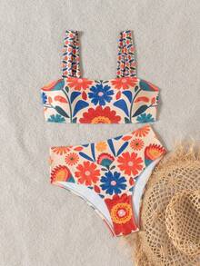 Swim Vcay Quần bơi cạp cao in họa tiết ngẫu nhiên dây dày gợi cảm cho nữ, đồ bơi 2 mảnh đi biển ngày lễ thường ngày - Nhiều màu - Xem 3