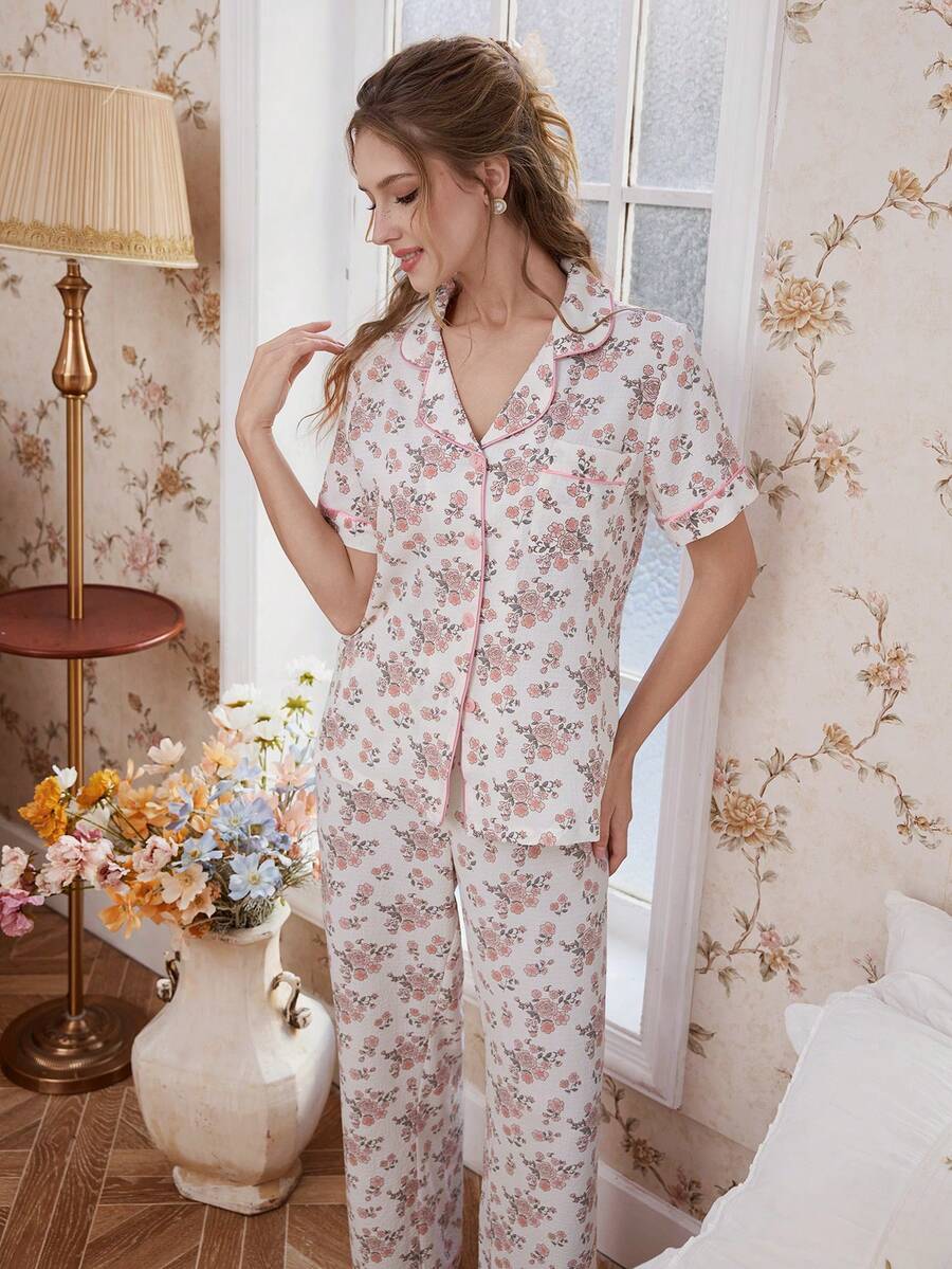CottageSlumber Women's Romantic Floral Print Lapel Short Sleeve Pajama Set - Apricot - View 1