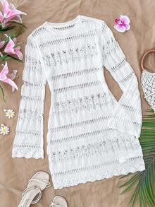 SHEIN 少女镂空荷叶边喇叭袖长袖沙滩罩衫连衣裙，夏季 - 白色 - 查看 1