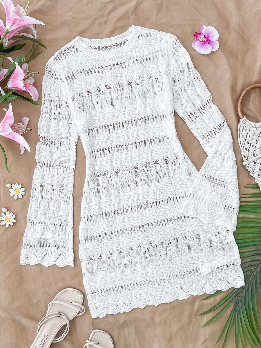 SHEIN 少女镂空荷叶边喇叭袖长袖沙滩罩衫连衣裙，夏季 - 白色 - 查看 1