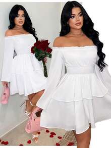 SHEIN SXY Vestido de línea A con volantes en los hombros, mangas acampanadas y dobladillo con capas de unicolor para mujer - Blanco - Ver 9