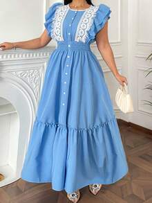 Vibekara Nuevo Vestido de Primavera/Verano con Estilo Francés Elegante, Encaje Patchwork, Cintura Ceñida y Mangas Largas Acampanadas - Azul - Ver 1