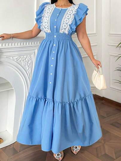 Vibekara Novo Lançamento Primavera/Verão Vestido Elegante de Manga Longa com Cintura Marcada, Estilo Francês com Recortes em Renda