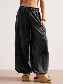 Bohemela Pantalones holgados de punto con cordón, unicolor, con bordado de signo de paz, estilo bohemio casual de vacaciones para mujeres - Negro - Ver 7