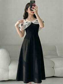 少女优雅公主复古贵族宴会派对吊带撞色收腰连衣裙 - 黑色 - 查看 5