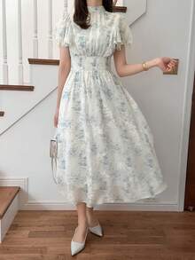 FRIFUL 女士全印花蓝色雪纺连衣裙，收腰设计，显瘦百搭 - 藍色 - 查看 4