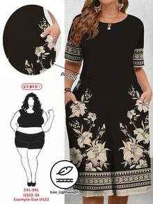 SHEIN CURVE+ Curve Size US22Music Festival, Seaside Vacation, Bohemia2025 Spring/Summer Artistic Textured Floral Print Short Sleeve Round Neck Midi Dress, Suitable For Mother's Day Gathering Black And White Dress Pocket Dress Floral Print Dress - Black and White - View 1