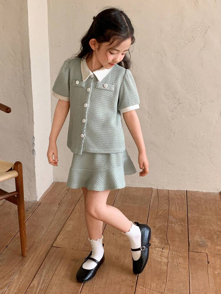 2pcs/Set Young Girls Polo Collar Contrast Color Casual T-Shirt And Solid Color Half Skirt, Korean Style, Spring/Summer
