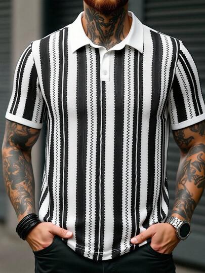 Manfinity Homme Herrpolo med svart och vit randig, sommar, avslappnad pendling