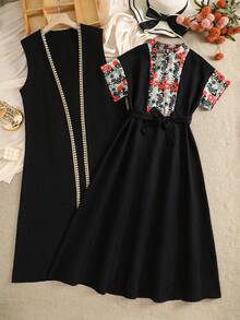 SHEIN Teen Girls Elegant Long Outerwear Co-Ords With Multicolor Floral Print Stand Collar Short Sleeves And Zipper Details For Vacation - Multicolor - View 5