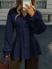 Siren Gaze 女士秋冬新款收腰A字长袖衬衫 - 藏蓝色 - 查看 7