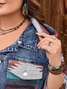 EMERY ROSE Plus Size Women Casual Comfortable Mid-Blue Inelastic Denim Patchwork Jacket - Medium Wash - View 7