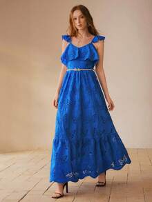 MOTF PREMIUM VESTIDO LARGO DE MUJER CON PATRÓN DE MARIPOSA BORDADO, VOLANTES Y CINTURÓN - Azul - Ver 2