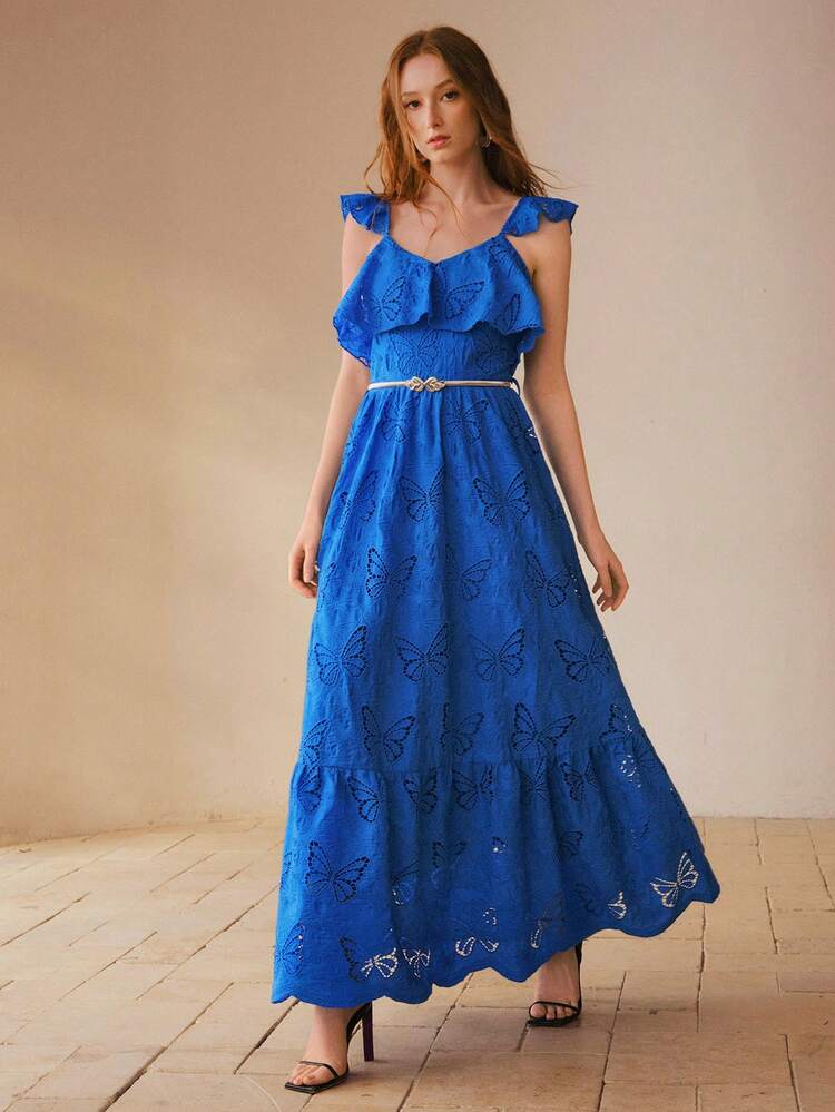 WOMEN'S FASHION EMBROIDERED HOLLOW BUTTERFLY PATTERN RUFFLE TRIM LONG DRESS WITH BELT