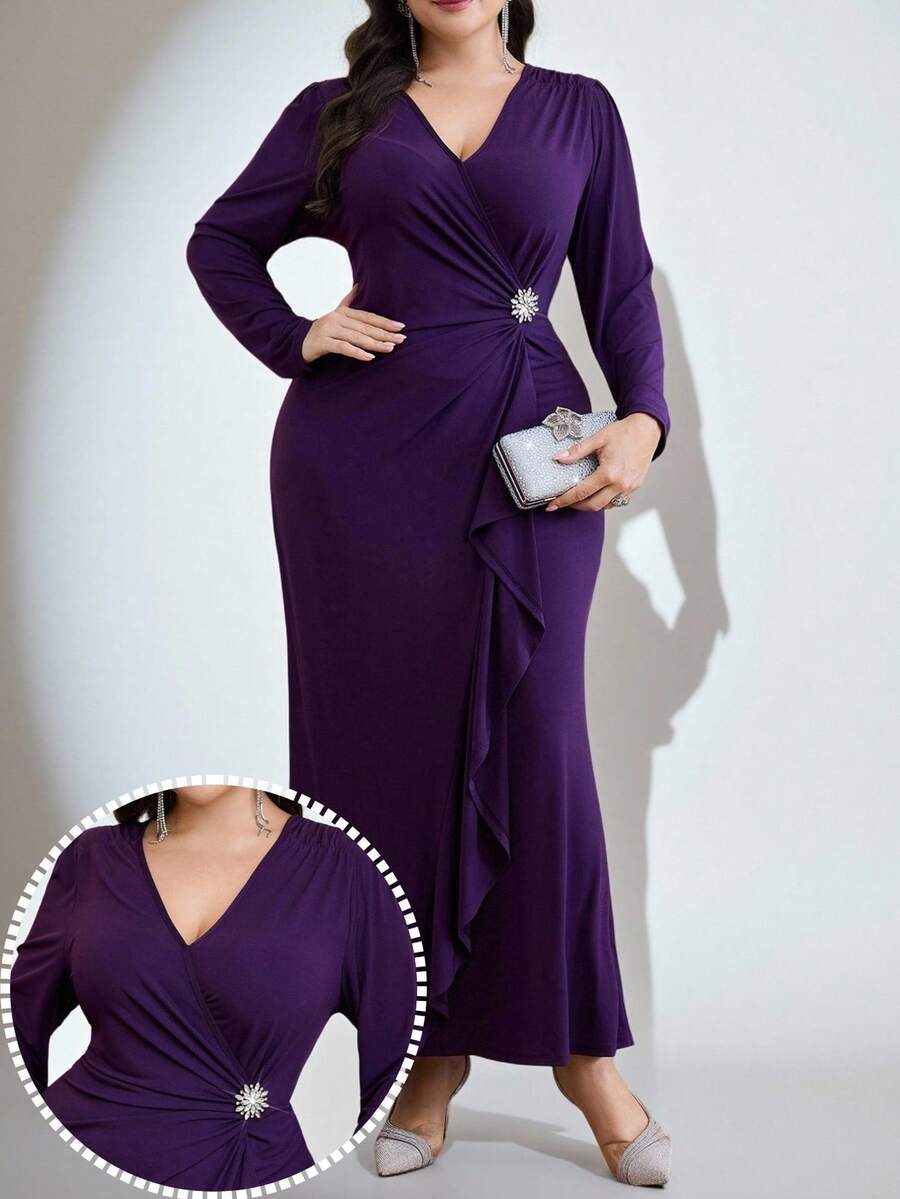 Modelyn 大码女式V领长袖腰部水钻装饰荷叶边下摆优雅连衣裙 - 紫色 - 查看 1