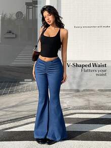 Flexra 女士休闲水洗低腰喇叭牛仔裤 - 藍色 - 查看 6