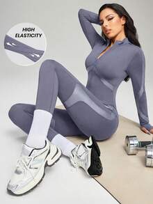 Innovista Women's Fashion Zipper Half-Zip Long Sleeve Jumpsuit Ski Suit Zip PU Catsuit Blue-Gray Long Sleeve Unitard/Jumpsuit, Front Zip+Guard, Removable Pads, Thumbholes, Tonal Stretch PU Panels, Sculpting Compression | Gym HIIT Yoga Pilates |  Mono Gris Azulado Con Cremallera | Macacão Cinza-Azulado Zíper | جمبسوت رياضي | Gymtok Moto Athleisure - Dark Grey - View 3