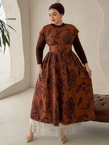 Dazy Plus 亮片刺绣花卉圆领收腰显瘦连衣裙，优雅大码女装，春夏吊带裙 - 棕色 - 查看 3