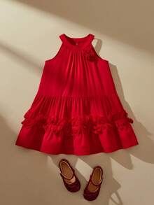 SHEIN 女童红色无袖连衣裙，饰有3D立体花朵和荷叶边下摆，优雅甜美可爱，尽显淑女气质，适合派对、公主裙等场合，夏季穿着。 - 紅色 - 查看 8