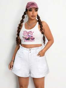 SHEIN ICON 大码女装街头风时尚休闲牛仔短裤 - 白色 - 查看 7