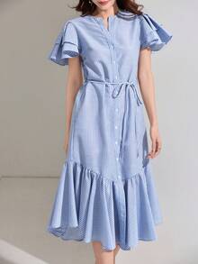 DAZY Women's Elegant Striped Ruffle Waist Midi Dress, Summer - Blue - View 6