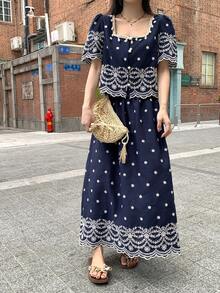 DAZY 2件套 女士花卉刺绣方领衬衫和裙子 - 藏蓝色 - 查看 4